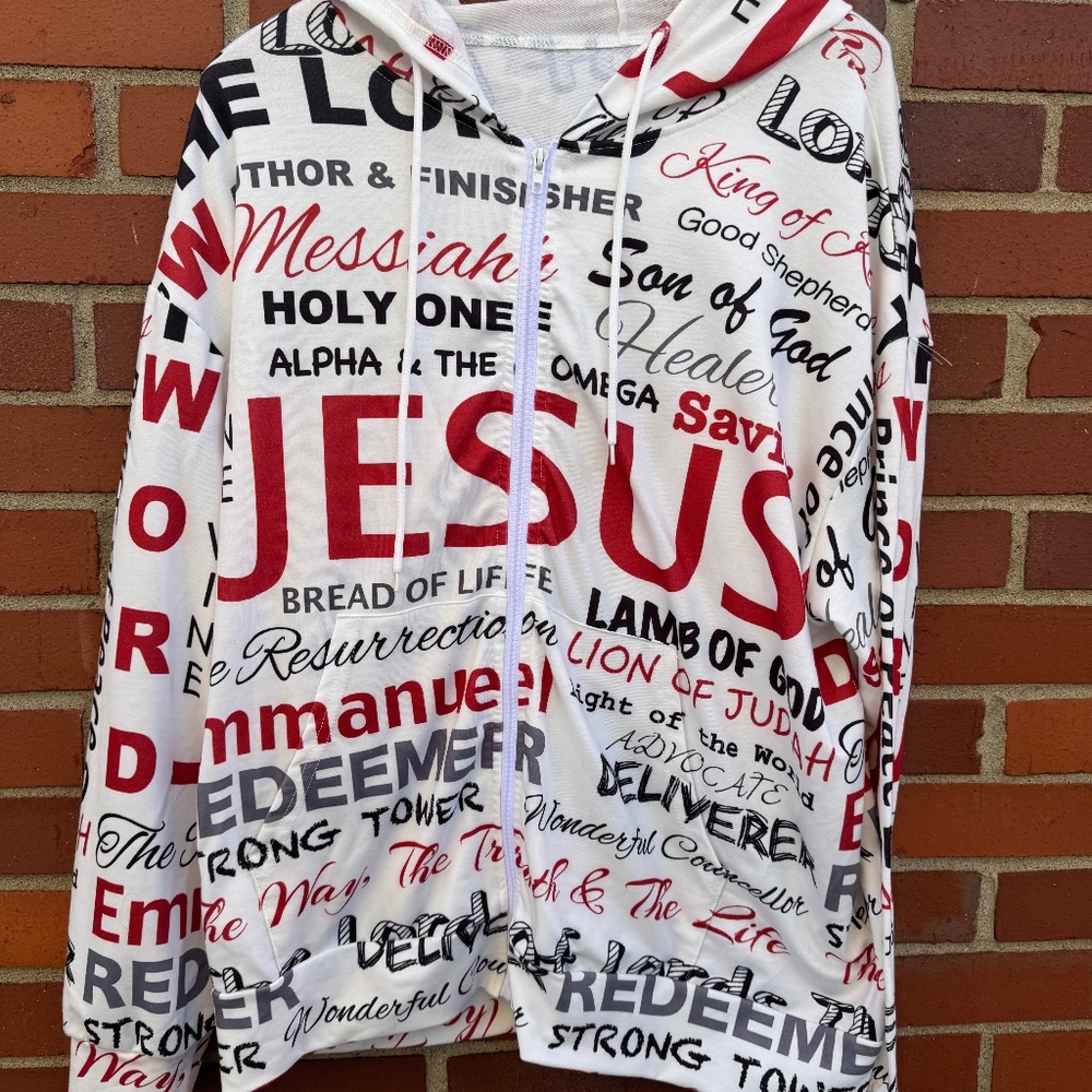 Jesus All Over Print Hooded Full Zip Sweatshirt Red Black White Lamb of God- 2XL